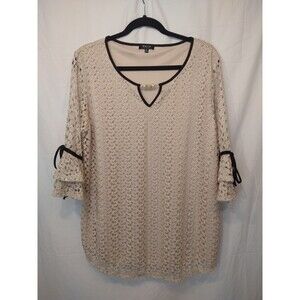 NWT Onyx Apparel Sz XL Cream Shirt Crochet Bell Sleeve Boho Cottage